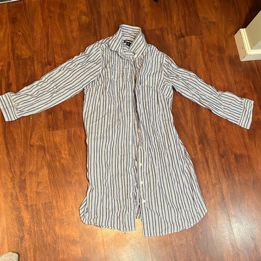 size 10P Lands’ End blue and white stripe button down long sleeve dress